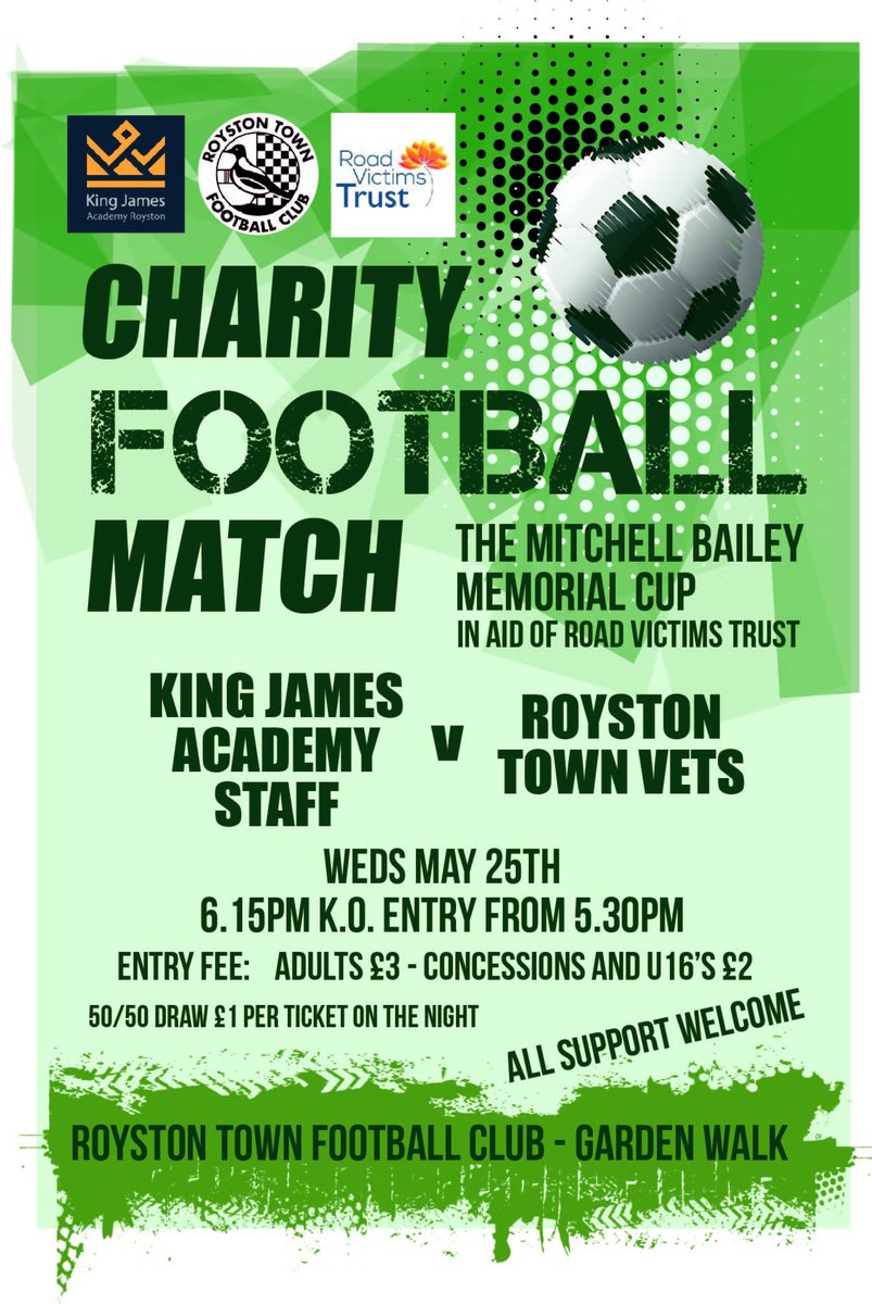 wilko_6's tweet photo. Looking forward to @RoystonTownFC Vets charity game against @KJARSchool staff on 25th May. All for a great cause so hopefully will get plenty of support to raise as much money as possible 😁 #roadvictimstrust #crows #supportlocal #kjaracademy ⚫️⚪️⚽️ https://t.co/7V5sYaOnrI