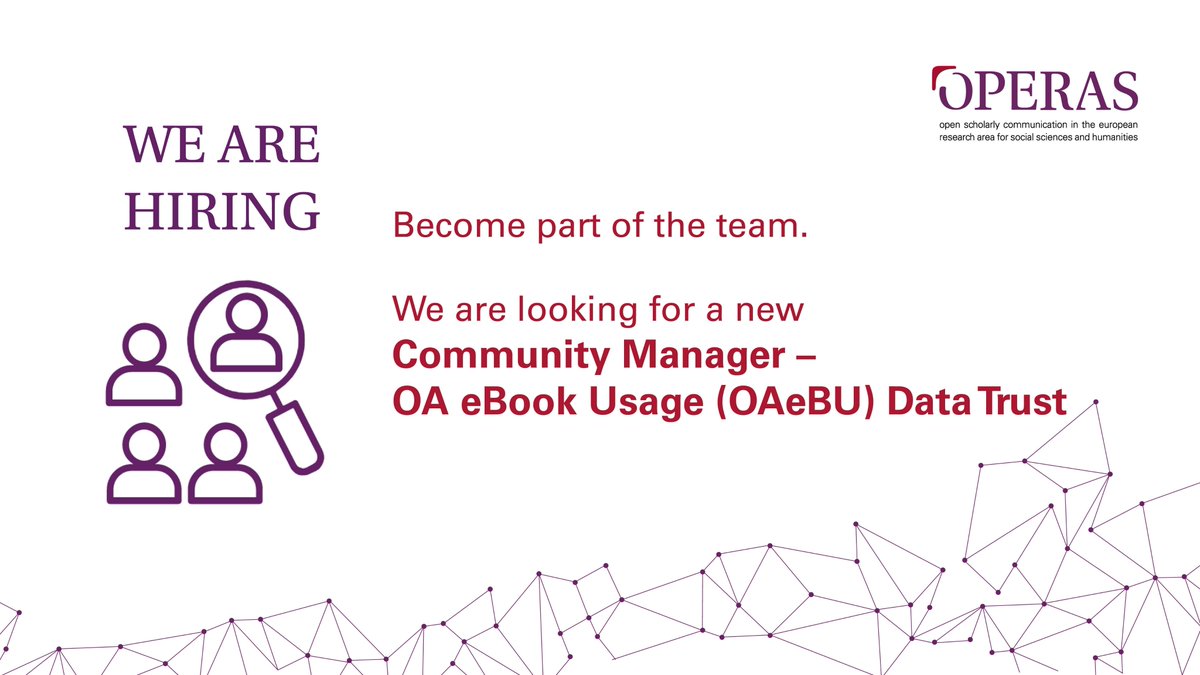 We are #hiring! 
We are looking for a Community Manager for the  international Open Access eBook Usage (#OAeBU) data trust intiative.
Apply until June 17 &amp; become part of the #team: operas-eu.org/wp-content/upl…
#job #jobannouncement #CommunityManager #outreach #openaccess #data #ebook