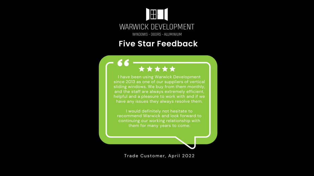 WARWICK_DEV_LTD's tweet photo. A wonderful review from one of our trade customers. Well done Team 👏🥰 #WarwickDevelopment #FiveStarReview #HappyCustomer #TradeSupplier #Spectus #VerticalSliders #UpvcWindows #Sheffield https://t.co/CFw7alWpQH