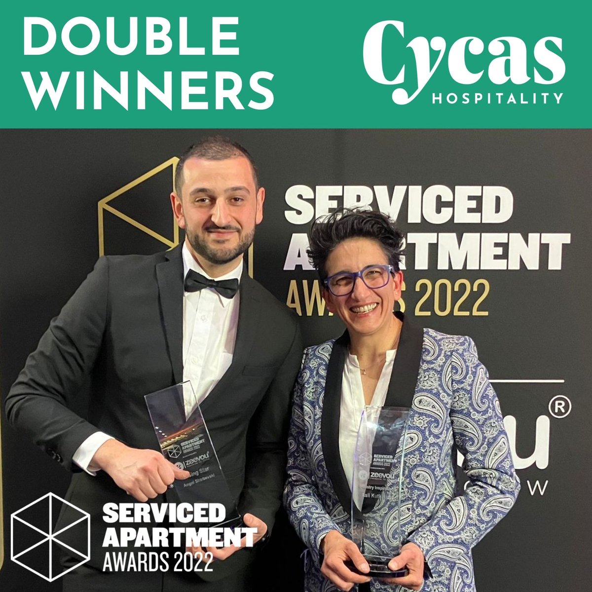 vertiqhotels's tweet photo. We couldn't be prouder of Asli Kutlucan for being crowned Industry Inspiration at the Serviced Apartment Awards last night, and of Angel Shtrbevski who won the hotly-contested Rising Star category -  an incredible and very well-deserved result! #CycasHospitality #SAAwards2022 https://t.co/v2vUTM07cy