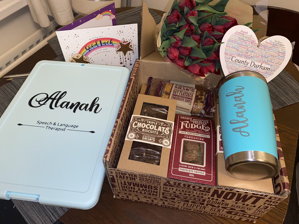 AlanahG_SLT's tweet photo. Had my leaving meal last night and got these lovely gifts from my Durham and Tees colleagues 🥺. Thank you for everything @tewv I’ve learnt so much over the past 8 months. Now on to my new adventure in community stroke! Exciting times!! #mySLTday https://t.co/hFjCGs8N83