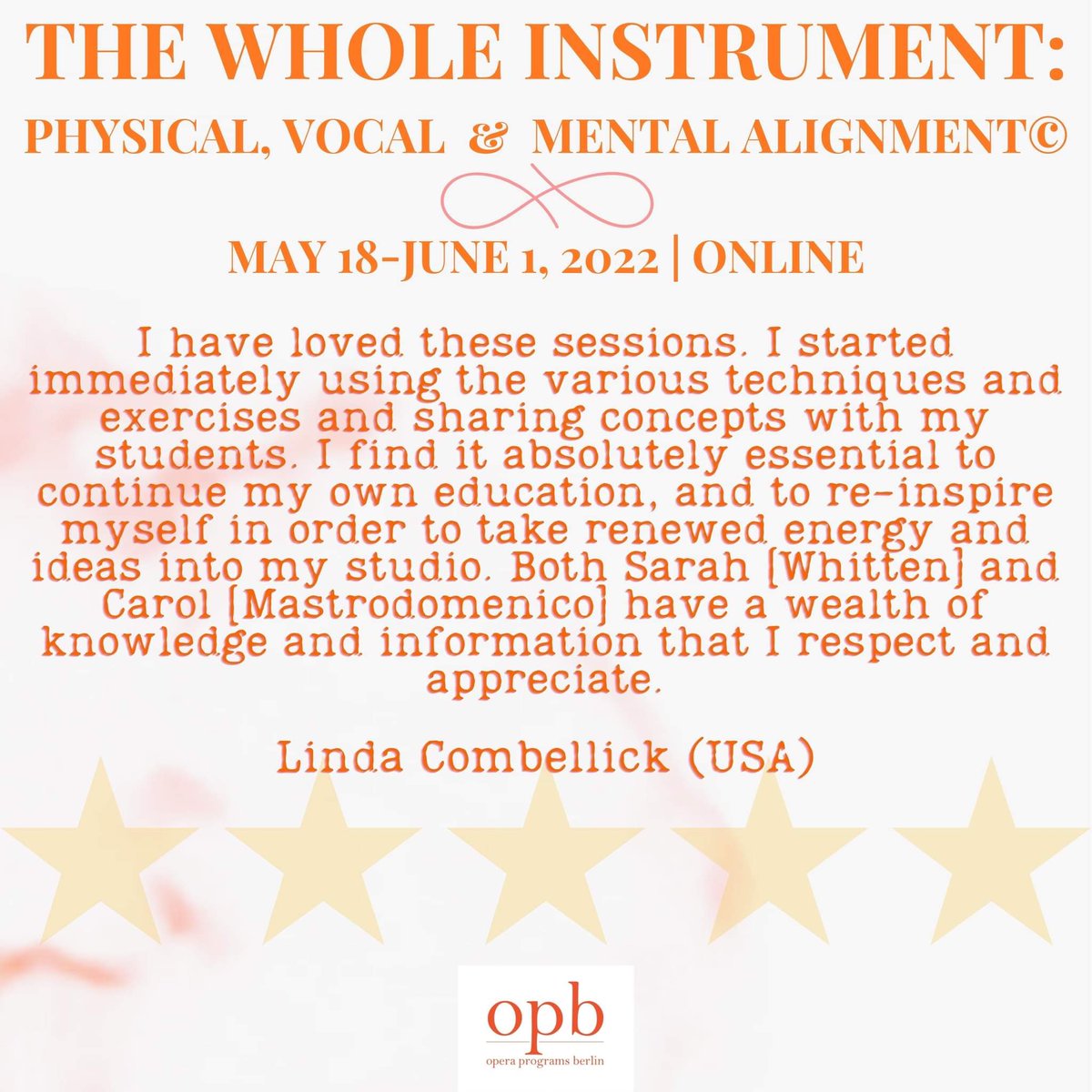 OperaPrgsBerlin's tweet photo. We have been so lucky to meet and work with so many wonderful artists from around the world. Hear what some of them are saying about
THE WHOLE INSTRUMENT: PHYSICAL, VOCAL &amp; MENTAL 
ALIGNMENT© 
May 18-Jun 1, 2022 | online | 60-day replay
https://t.co/rvOBcTpbl6 https://t.co/Y3zL9AcTsZ