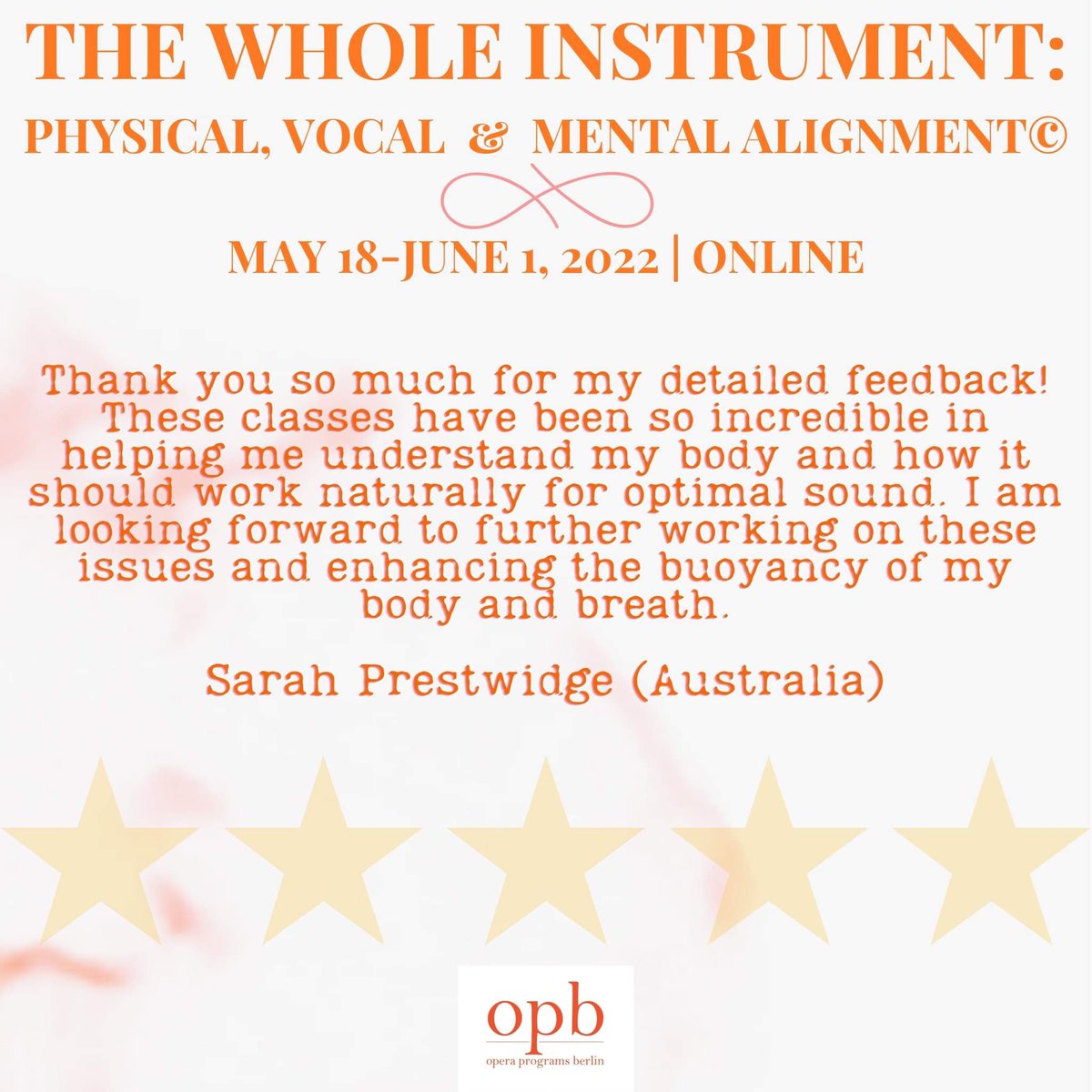 OperaPrgsBerlin's tweet photo. We have been so lucky to meet and work with so many wonderful artists from around the world. Hear what some of them are saying about
THE WHOLE INSTRUMENT: PHYSICAL, VOCAL &amp; MENTAL 
ALIGNMENT© 
May 18-Jun 1, 2022 | online | 60-day replay
https://t.co/rvOBcTpbl6 https://t.co/Y3zL9AcTsZ