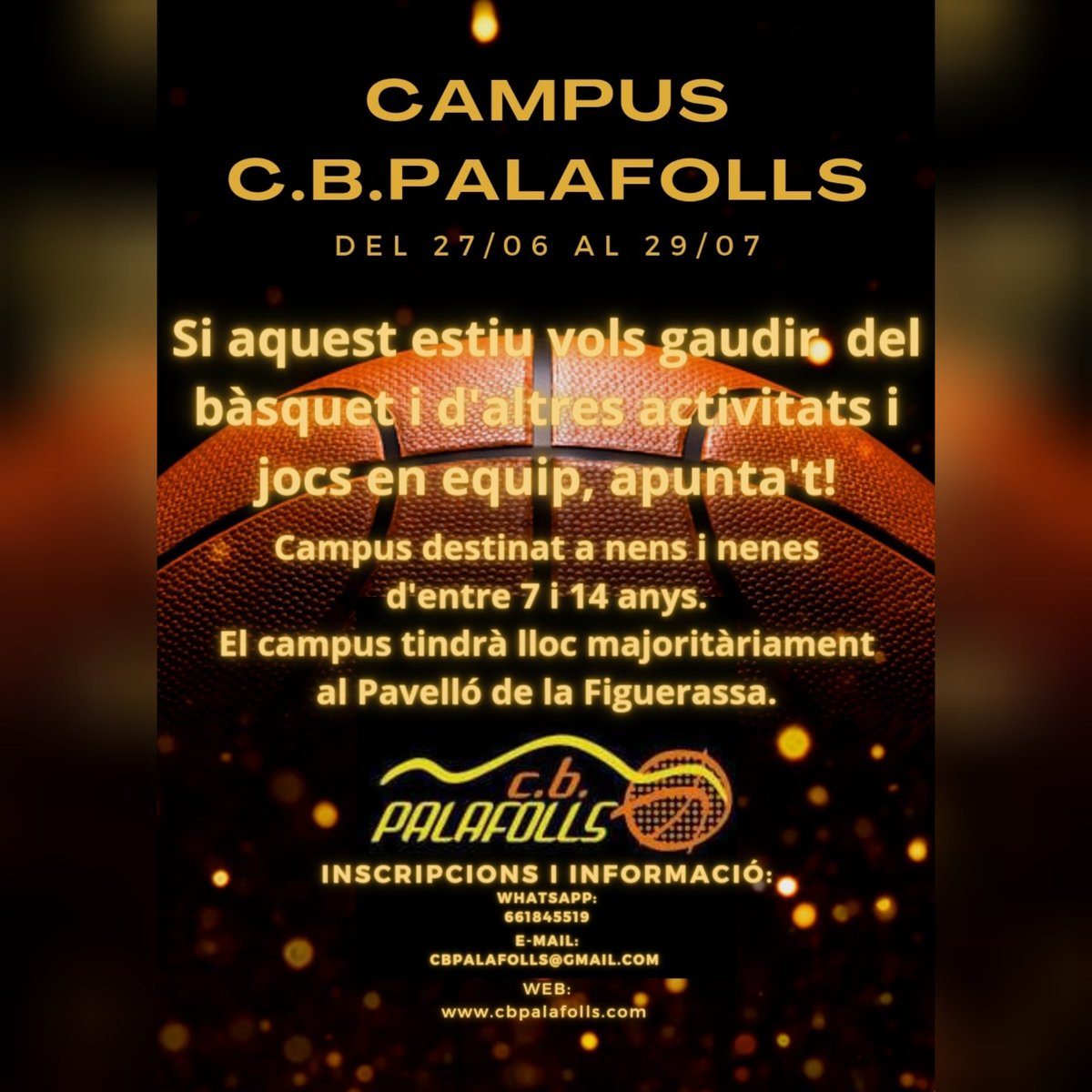 CBPALAFOLLS's tweet photo. US PRESENTEM EL CAMPUS DEL C.B.PALAFOLLS!! El campus es realitzarà durant el mes de juliol i ja estan obertes les inscripcions!!Si t'agrada el bàsquet i no vols deixar de practicar-lo o si vols provar contacte amb nosaltres!!
#totssomcbp #campuscbp2022 https://t.co/zMQsg6tgbR