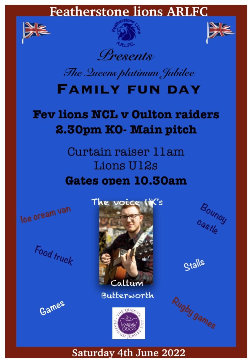 LionsArlfc's tweet photo. ⛔️⛔️⛔️ STOP WHAT YOURE DOING ⛔️⛔️⛔️

Get yourself down to what will be an amazing day, rugby games, stalls, food, live music, games and much more.....

📅 SATURDAY 4TH JUNE
⏰ GATES OPEN 10.30am

#queensjubilee2022 #Lions #FamilyFunDay #PleaseShare #SHARESHARESHARE https://t.co/cAjx8iSPZS