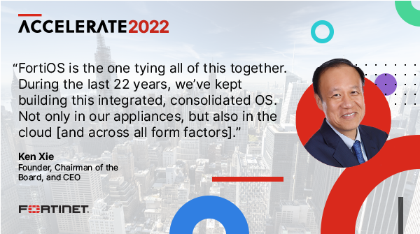 DparkFortinet's tweet photo. Next up, @Fortinet's founder and CEO, Ken Xie discusses how #FortiOS everywhere, Security-driven Networking, the consolidation of security point products, ASIC acceleration, and other services help customers secure today’s attack surface.🌐 https://t.co/CypINoVLST #Accelerate22 https://t.co/iGrGkNNIMw
