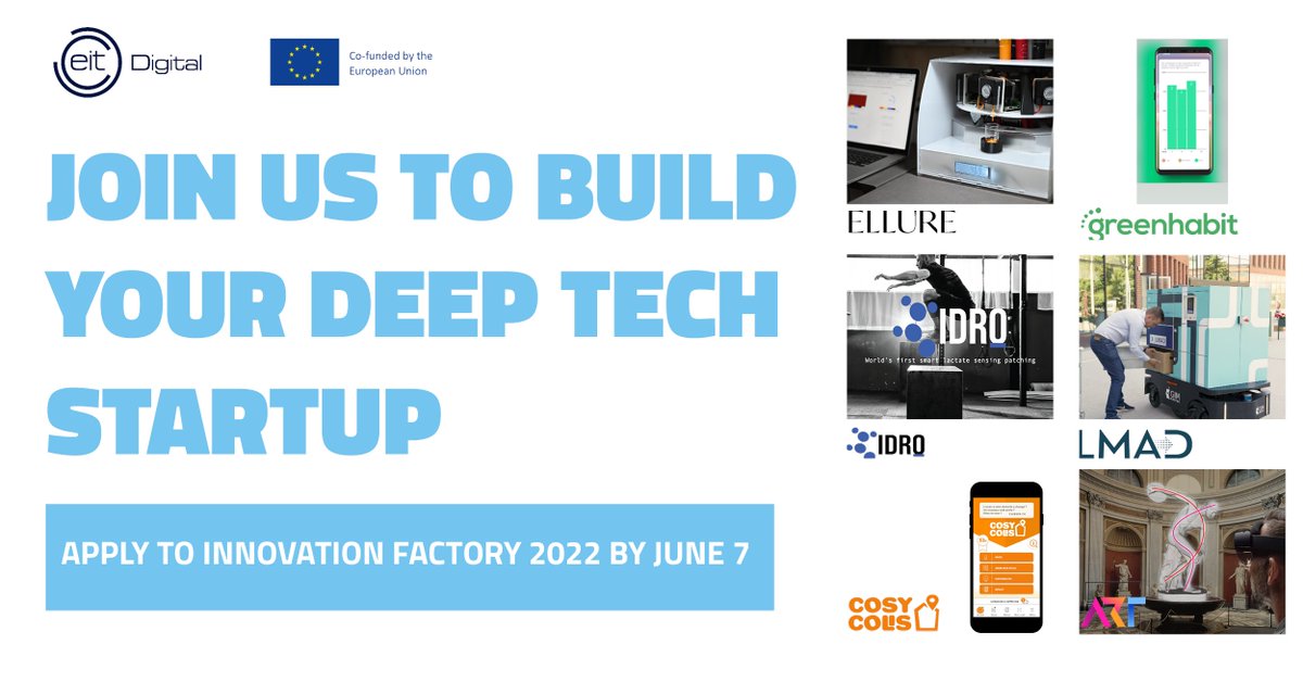Are you planning to launch or boost your tech startup? Join the EIT Digital Innovation Factory 2022 program and receive our support!​ Apply by June 7!​ okt.to/7W85Ti…
#eitdigital #InnovationFactory2022 #deeptech #innovation