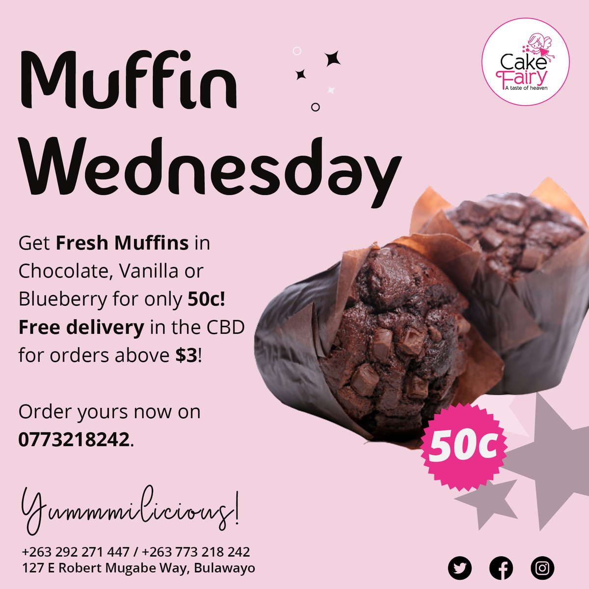𝙈𝙪𝙛𝙛𝙞𝙣 𝙒𝙚𝙙𝙣𝙚𝙨𝙙𝙖𝙮
Get Fresh Muffins in Chocolate, Vanilla or Blueberry for only 50c! Free delivery in the CBD for orders above $3!

Order yours now on 0773218242.

#cakefairyzim #muffins #chocolate #vanilla #blueberry #yummilicious #wednesday #bulawayo #vrzmb