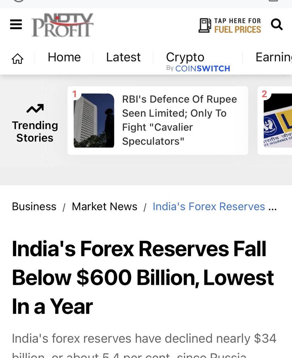 vinodkapri's tweet photo. भारत का विदेश मुद्रा भंडार 600 बिलियन डॉलर से कम हो गया है , जो एक साल के सबसे निचले स्तर पर है। 

समाचार समाप्त।
लगे रहिए हनुमान चालीसा में। https://t.co/VjgOs8xrMv