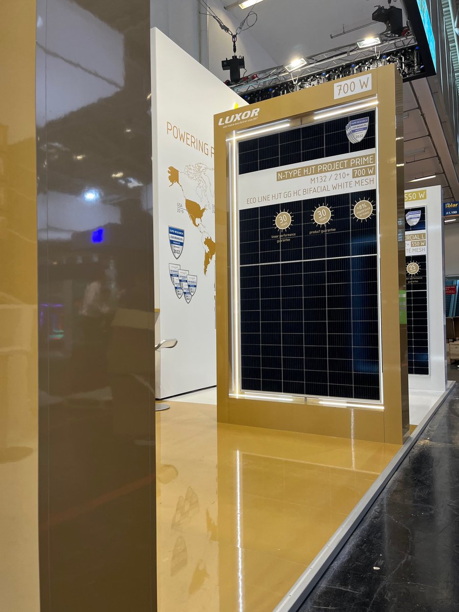 LUXORsolar's tweet photo. MORE 
PERMANENTLY MORE ...

#LUXORsolar introducing N-Type #Heterojunction #Technology.

Visit us at #intersolar, hall A1 booth 190 and check out the advantages of heterojunction modules.

#HJT #solarenergy #solarmodule #solarmodules #PV #LUXOR #fair #solarpower #Bifacial #Ntype https://t.co/zN5ewXcIHF