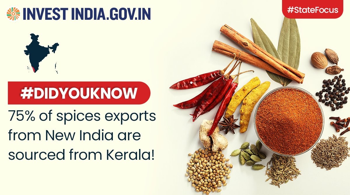 #InvestInIndia

Apart from spices, Kerala is also a major exporter of cashew, coir, coffee, pickle &amp; marine products!

Learn more at: bit.ly/II-Kerala

#InvestIndia #InvestinKerala #Exports #Kerala <a href="/CMOKerala/">CMO Kerala</a> <a href="/pinarayivijayan/">Pinarayi Vijayan</a> <a href="/nstomar/">Narendra Singh Tomar</a>