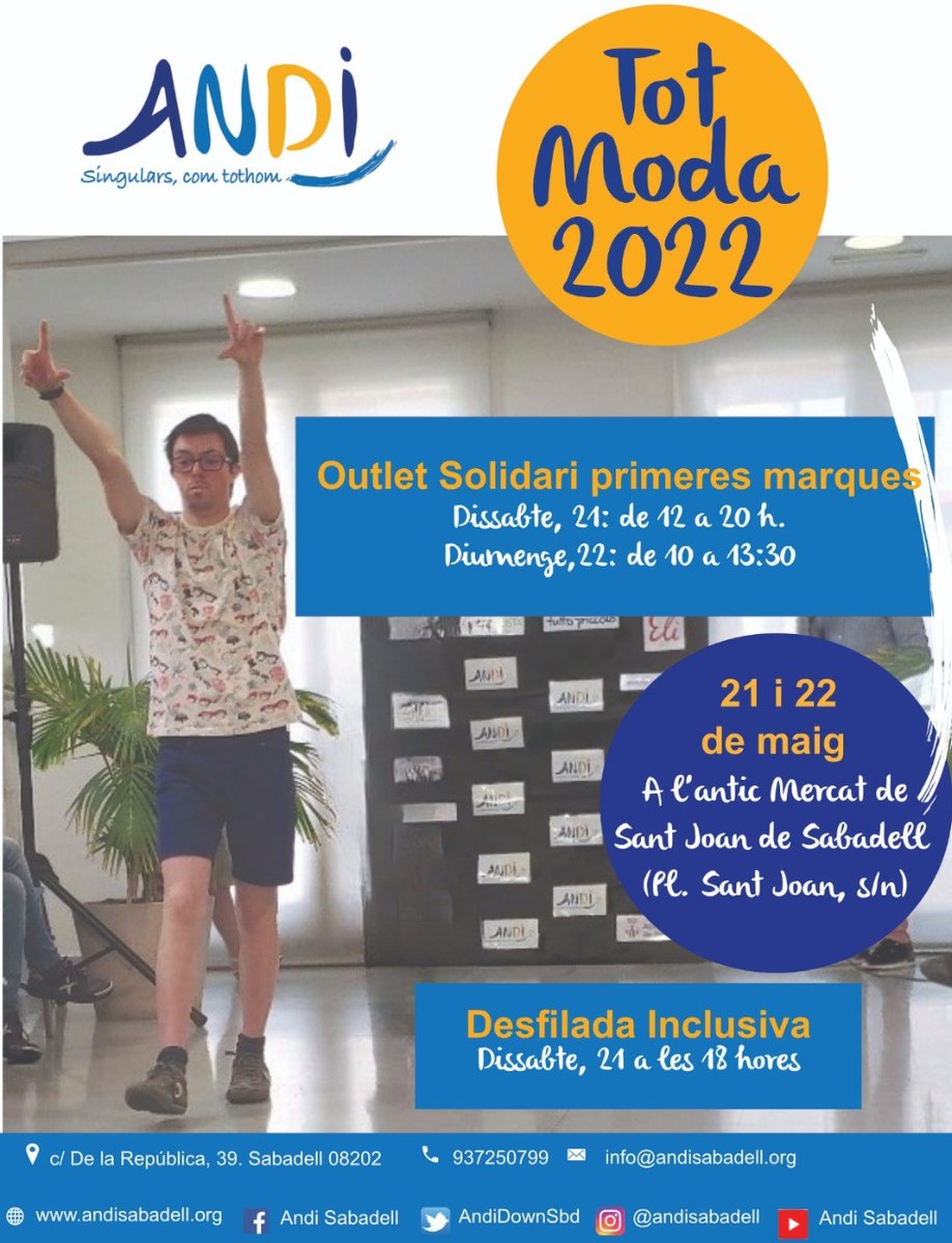 AndiDownSbd's tweet photo. Estem preparant el #TotModa 2022, que torna després de la pandèmia amb les piles carregades! Serà el 21 i 22 de maig a l'Antic Mercat de Sant Joan de Sabadell. La desfilada promet! https://t.co/MVXoEcj35Y