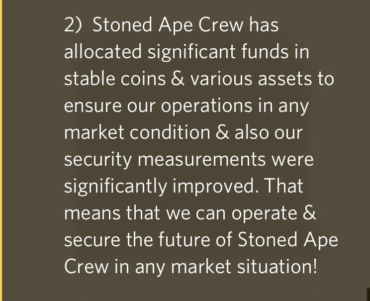 HashCryptoCake's tweet photo. This is why @StonedApeCrew is such a good investment. 

They preempted the current situation 

and #protected us their #investors 

and the assets of the #brand 

to #build the #business. 

This is why 
#utility 
#branding 
and #greatteams matter in #NFTs 

#SolanaNFTs https://t.co/uf1PRfIm79