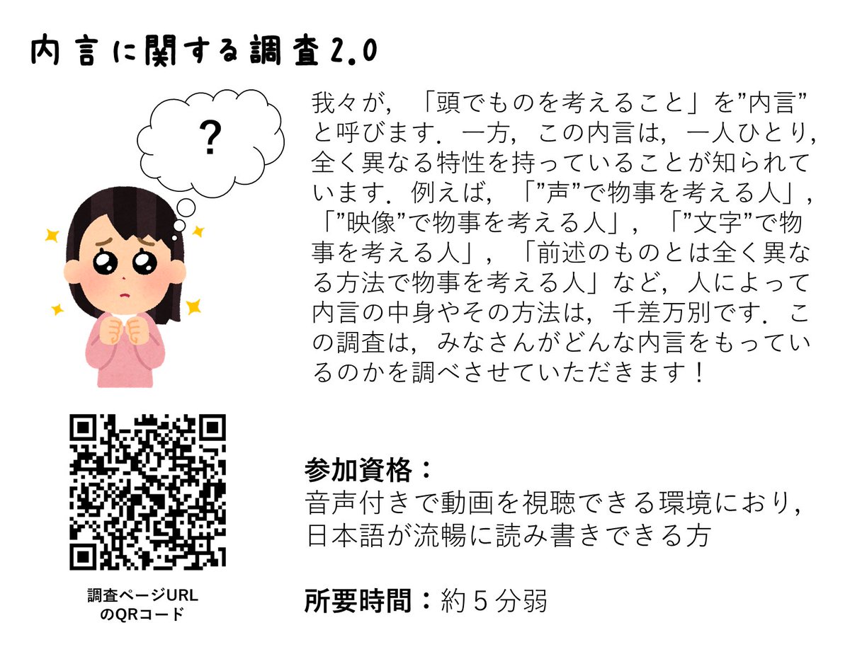 hideman2009's tweet photo. 内言（言葉に出さない心の中の思考）について調べるネット調査を行っています．５分ぐらいで終わるので，ご協力頂けましたら幸いです（以前に類似の調査に参加した方もご参加いただけます）

必ず音声つきで動画がみれる環境でご参加ください！

内言についてのネット調査2.0
https://t.co/QUv9BPEKCb https://t.co/i56gIKNF7u