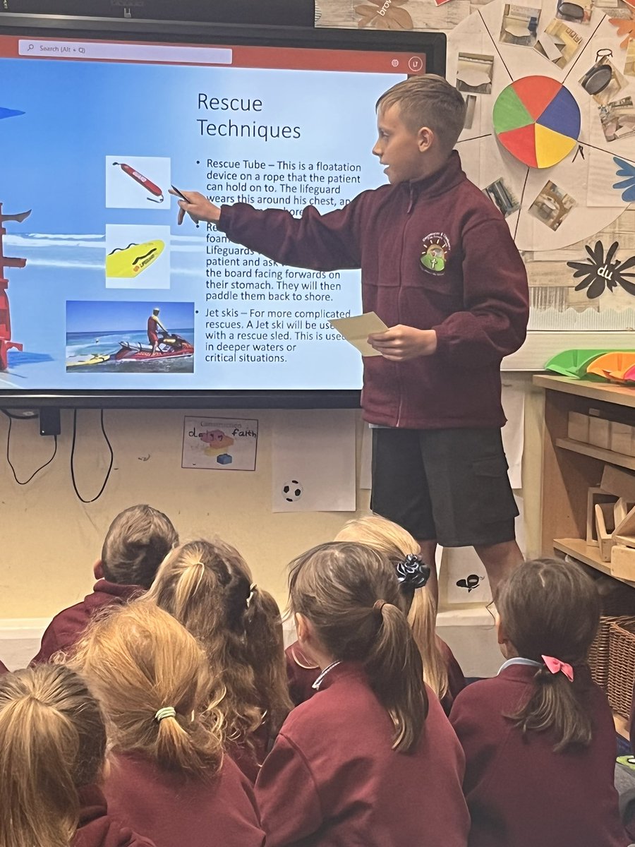 Year 1 and 2 are so lucky to have a presentation from a Year 5 child who does lifeguards. He has taught them all the safety rules and explained the role of a lifeguard. #seasafety #rnli #lifeguards #
