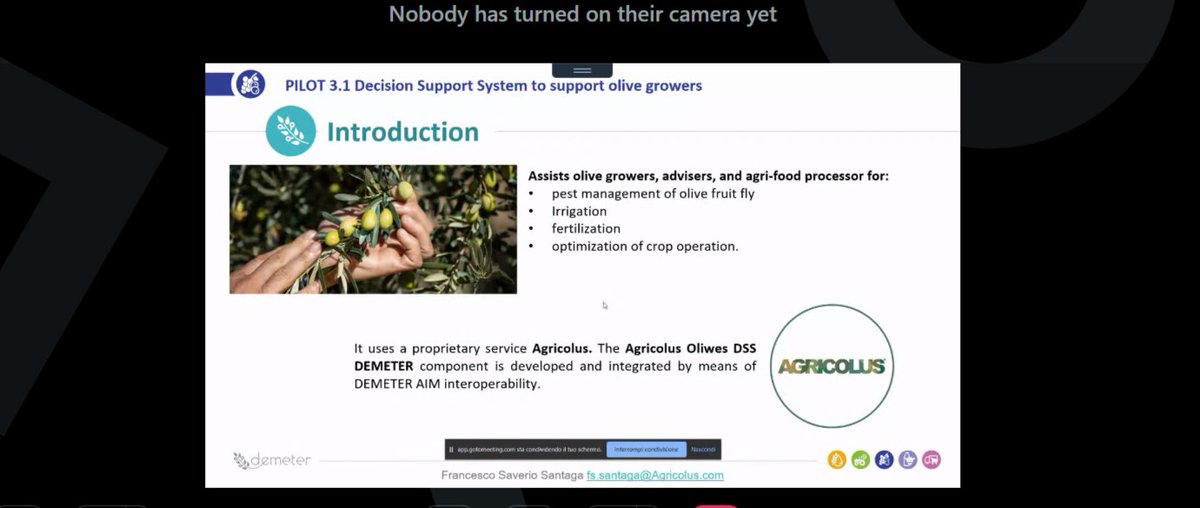 Next, <a href="/AgricolusSuite/">Agricolus</a> share information about our pilot 'Decision Support System (DSS) to support #Olive Growers' 🫒

This pilot aims to develop DSS for olive growers, advisors &amp; #agrifood processors to address issues such as #fertlisation #irrigation integrated pest management