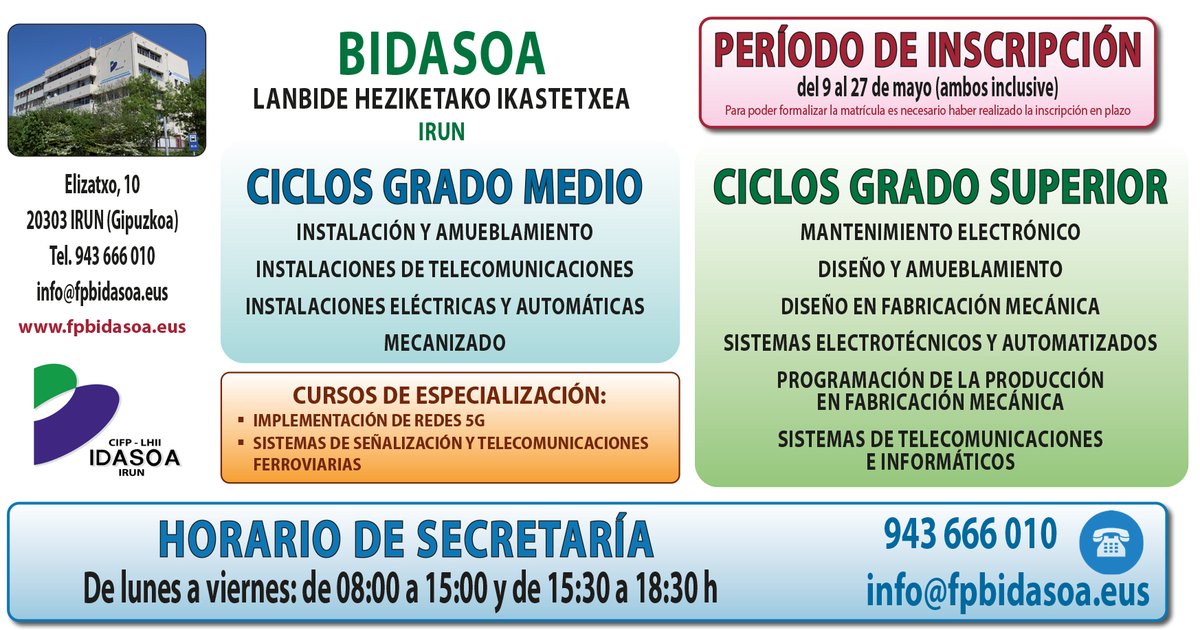 📢 Abierto el período de inscripción para cursar Mantenimiento Electrónico en el curso 2022/2023, del 9 al 27 de mayo.

📢 2022/2023 ikasturterako Mantentze lan elektronikoa egiteko izena emateko epea zabalik, maiatzaren 9tik 27ra.