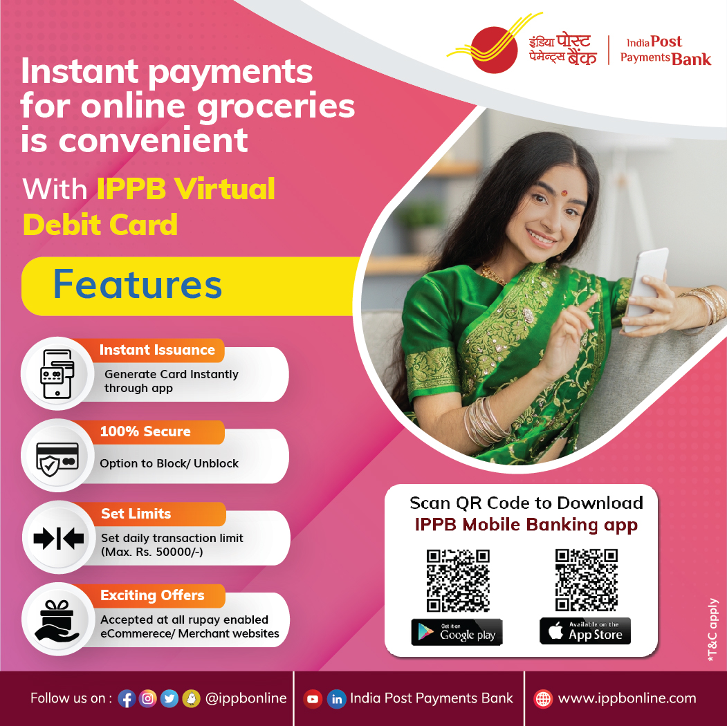 IPPBOnline's tweet photo. Your @IPPBonline Savings Bank account comes with a lot of benefits, convenience of payments with just a click is one of them. Make the most of the Virtual Debit Card feature and make online payments with ease. (1/3) https://t.co/tOqQZPYhHD