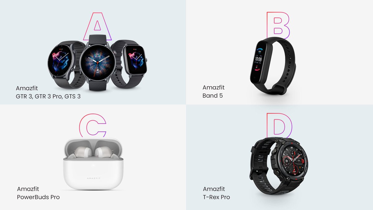 AmazfitGlobal's tweet photo. Which #Amazfit slogan most inspires you to #UpYourGame this spring? 🖊🌅🤩#TRexPro #GTR3Pro #GTR3 #GTS3 #PowerBudsPro #Band5  #smartwatch #earbuds 
A - Smart Health Made Easy
B - Stay Active, Stay Young
C - Hear The Beats
D - Explore Your Instinct https://t.co/3Mn0E7QUx5