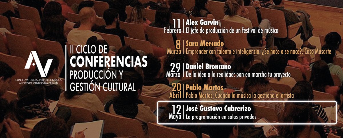 CSMJaen's tweet photo. Mañana finalizamos en @CSMJaen el II Ciclo de Conferencias de Producción y Gestión Cultural con la ponencia de José Gustavo Cabrerizo, que nos hablará sobre la programación en salas privadas. https://t.co/Lg7fgxHlFD