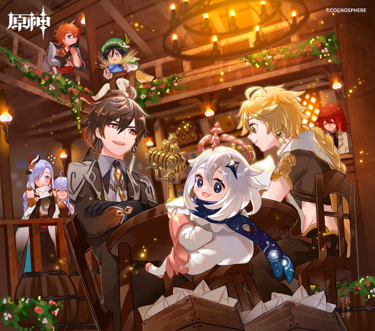 new official art of childe, venti, shenhe, ganyu, zhongli, paimon, aether and diluc at the angel’s share !!