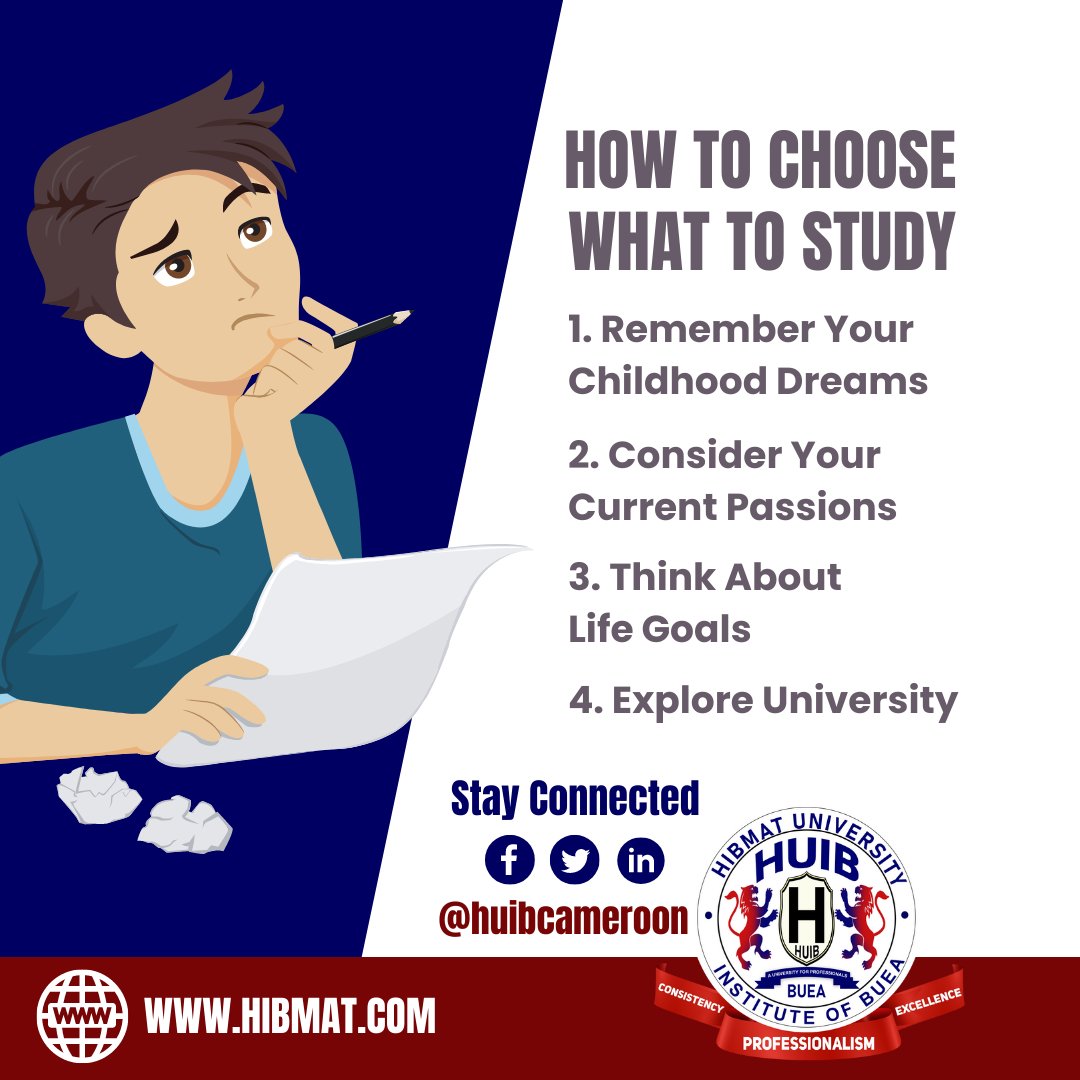 HuibCameroon's tweet photo. How to Choose What to Study!
Not sure how to choose what to study?
Let us help guide you to find your passion, make a living, and show you what to do when the two don’t align!
Contact HUIB today to learn more!
#StudyTips #Passion #HUIB #CareerPath https://t.co/FZ6iJC7dzv