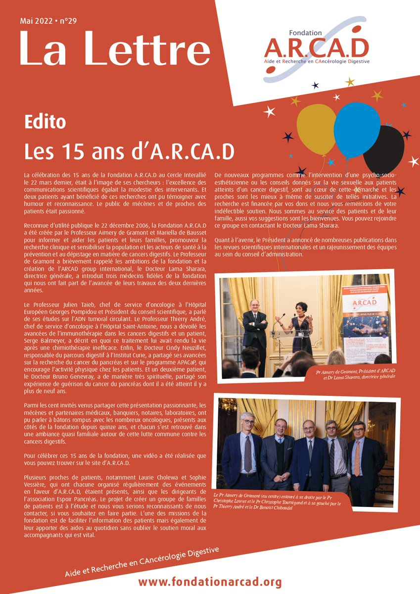 FondationCa's tweet photo. Dans la Lettre d'info N29 de la Fondation ARCAD, nous mettons la lumière sur les avancées de la recherche et sur la poursuite de nos actions et les évènements de sensibilisation aux cancers digestifs. Nous partageons également la célébration des 15 ans d’ARCAD avec nos mécènes. https://t.co/jqtKi3QI3w