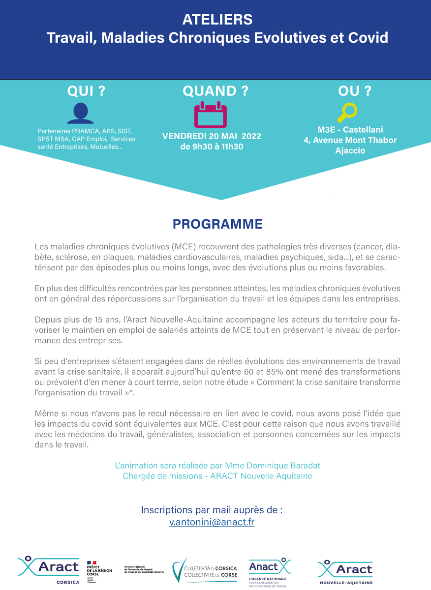 Pramca_Corse's tweet photo. L' @aract_corse vous donne rdv le 20 mai de 9h30 à 11h30 pour des ateliers sur la thématique " Travail,  maladies chroniques évolutives et COVID" à la @splM3E  à #Ajaccio 

➡ Inscriptions : v.antonini@anact.fr https://t.co/CyIpBmrLNv