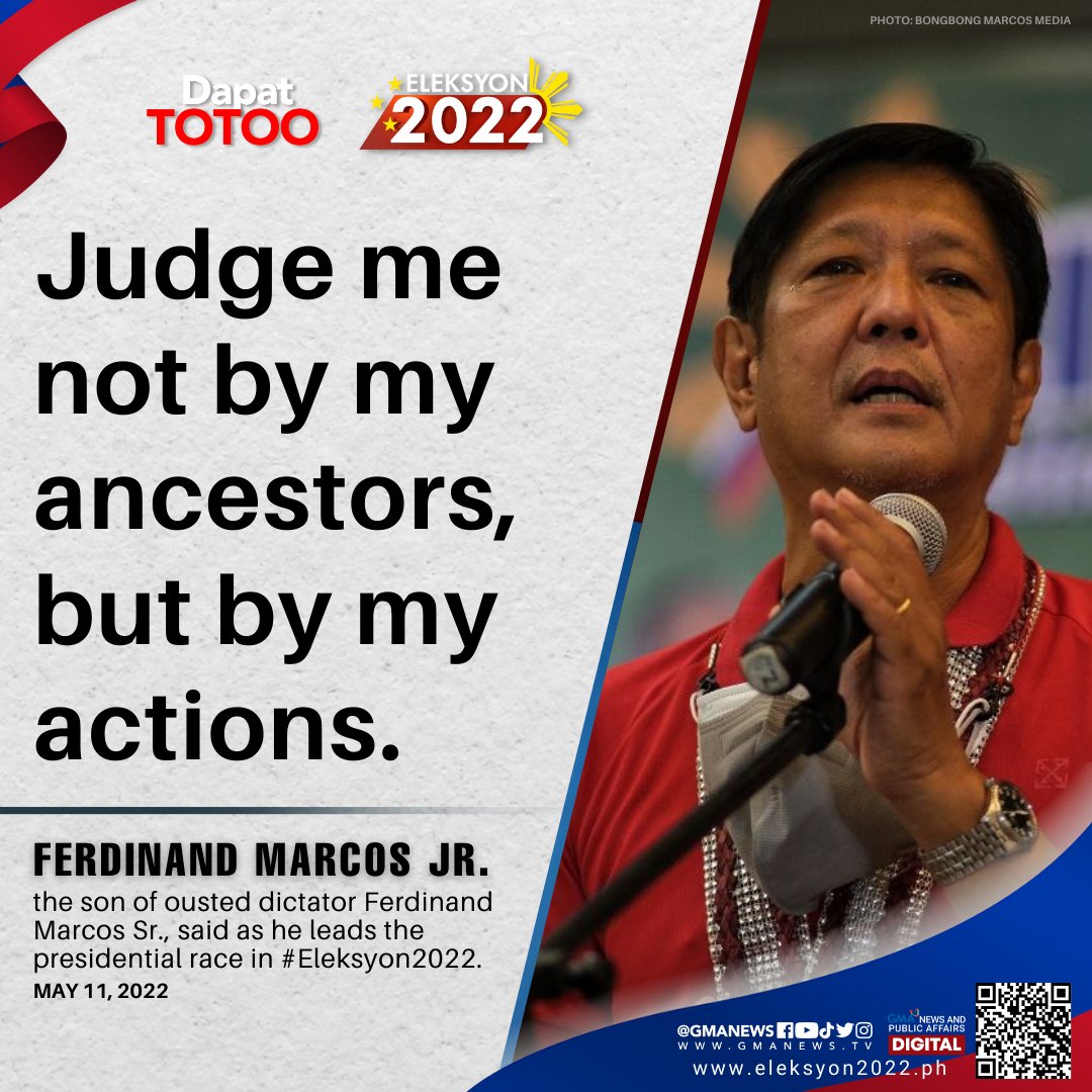 gmanews's tweet photo. Ferdinand "Bongbong" Marcos Jr., the likely winner in the 2022 presidential election, on Wednesday appealed to the world to judge him by his actions and not by his ancestors. #Eleksyon2022

READ: https://t.co/Ry5EKf6kGT https://t.co/VG7NmcnAKh