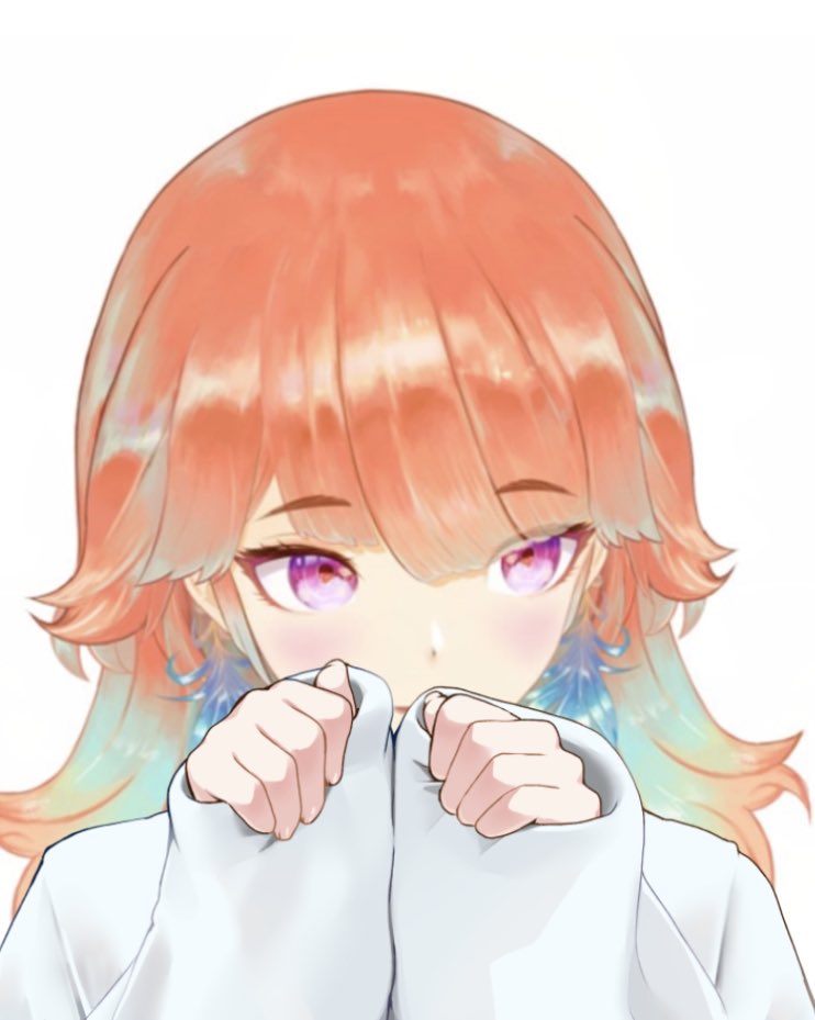 takanashi kiara 1girl solo orange hair purple eyes sweater white background bangs  illustration images