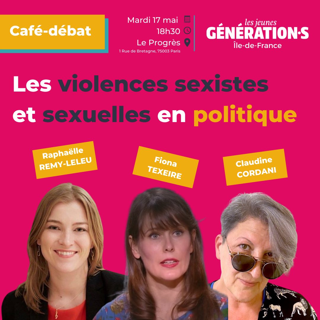 Parce que les violences sexistes et sexuelles sont intenables et n’ont pas leur place dans nos orga, ni nulle part ailleurs :

👉 Venez échanger avec <a href="/fiona_tex/">Fiona</a>, <a href="/RaphaelleRL/">Raphaëlle Rémy-Leleu</a> et @CordaniOfficiel 

📅 Mardi 17 mai à 18h30
📍 Le Progrès (Paris, 3e)

#MeTooPolitique ⤵️