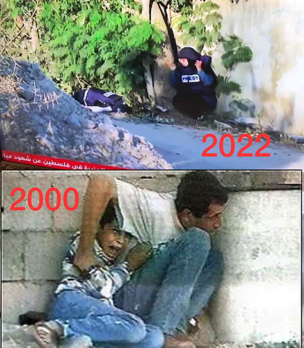 mm6981229's tweet photo. #Photo: It shows the similarity of the moment of the rise of the child Muhammad Al-Durra, the journalist "Sherine Abu Akleh", and the difference between them is more than two decades.
#شيرين_ابو_عاقلة #جنين #القدس https://t.co/1ovycJMmnb