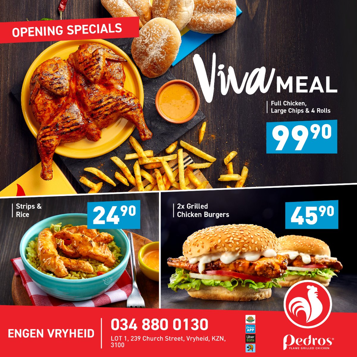 Olá, Vryheid! Pedros Engen Vryheid will be opening this Friday, 13th May, at LOT 1, 239 Church Street, KZN!
COMPETITION: To win a Viva Meal plus a Burger Meal simply: 
1) Follow us 
2) Mention 3 friends 
3) Retweet this tweet
#VivaPedros