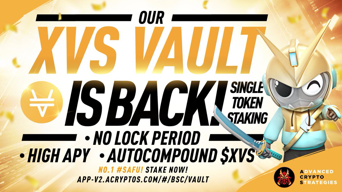 acryptosdao's tweet photo. HODL-ing $XVS, but don't like the idea of your funds locked?
*especially with markets being so volatile…

⚔ Stake it in our XVS Vault
- single token staking
- autocompound
- no lock period

Latest APY: 63.7%🔥

Stake here now🔗
https://t.co/6mHpB2gmno

$ACS #YieldOptimizer #BSC https://t.co/CFZDWKwkap