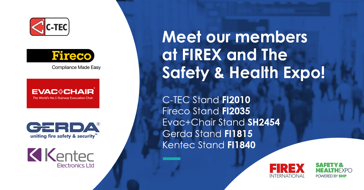 fima_uk's tweet photo. Come and see some of our members at Firex next week! 

They will be showing a range of innovations including door retainers, fire doors, evacuation chairs, fire systems and alarm panels! 

Register for free https://t.co/sXIUE1SFrV

@Fireco @KentecFire @Evac_Chair @GerdaSecurity https://t.co/Y2FuonLrBT