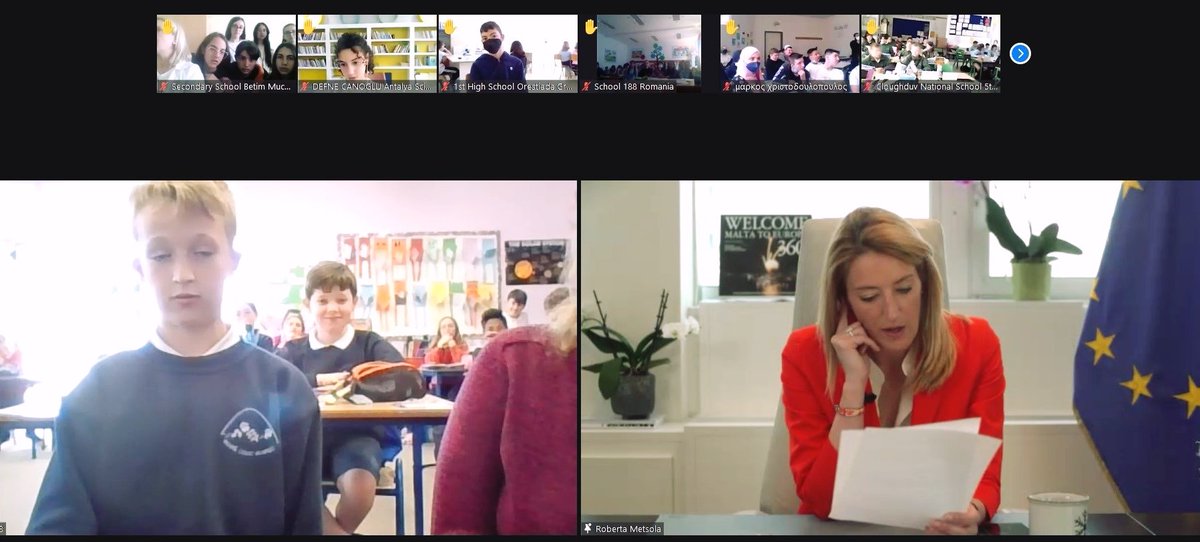AodhQuinlivan's tweet photo. Super engagement with @EP_President and fantastic questions from the children. @HubEuropCitizen @ESchonQuinlivan @UCC @GovUCC @IrishRegions_EU @Europarl_EN @ThomasByrneTD @echolivecork @irishexaminer https://t.co/wHv2NKV6qV