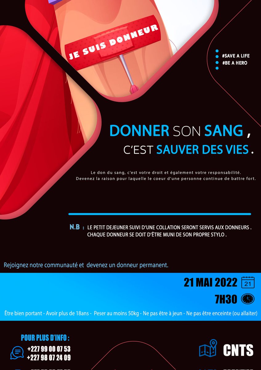 africaycone's tweet photo. @CentreCnts
@aztaro97
@CodeLoccol
@africaycone
@TrakyRichard
@Cipmen
@OmarHamdo
Le 21 Mai 2022
#Appelle à la #générosité du #public pour #récolter le #maximum de #dons de #sang.
Cette #journée sera une #occasion pour vous #montrer la #version #bêta de notre #plateforme #Rayuwa. https://t.co/B4ZUSKwp0F