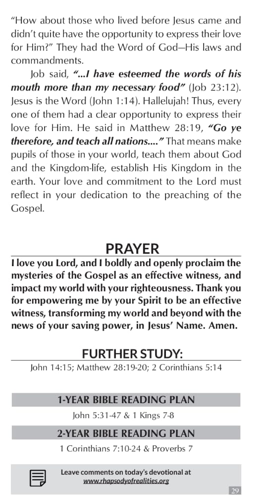 #readandearn PROVE YOUR LOVE BY WINNING SOULS 𝐑𝐞𝐚𝐝 𝐑𝐡𝐚𝐩𝐬𝐨𝐝𝐲 𝐓𝐨𝐝𝐚𝐲 𝐀𝐧𝐝 𝐄𝐚𝐫𝐧🤗
rhapsodyofrealities.org
🗓 Wednesday, 11th May 2022. "The proof of your love for Jesus is keeping His commandments—His Word. Your love and commitment to the Lord must reflect