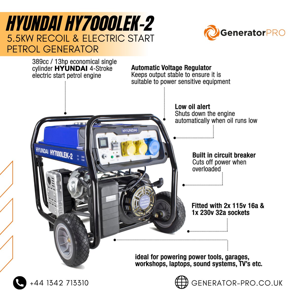 GeneratorPro1's tweet image. The HY7000LEk-2 is one of Hyundai’s strongest and most flexible generators. The 22-litre petrol fuel tank and digital control panel work together to produce a maximum output of 5.5kW.

Check out this product: bit.ly/3ENbqyw

#generatorprouk #generators #hyundaigenerator