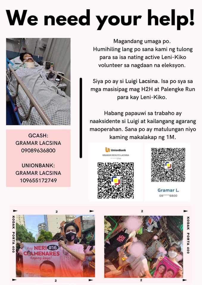 theTEENstagram's tweet photo. Humihiling lang po sana kami ng tulong para sa isa nating active volunteer sa nagdaan na eleksyon. 

Siya po ay si Luigi Lacsina. Habang papauwi sa trabaho ay naaksidente si Luigi at kailangang agarang maoperahan. Sana po ay matulungan niyo po silang makakalap ng 1M. 

Please RT https://t.co/MmmaAeNPBp
