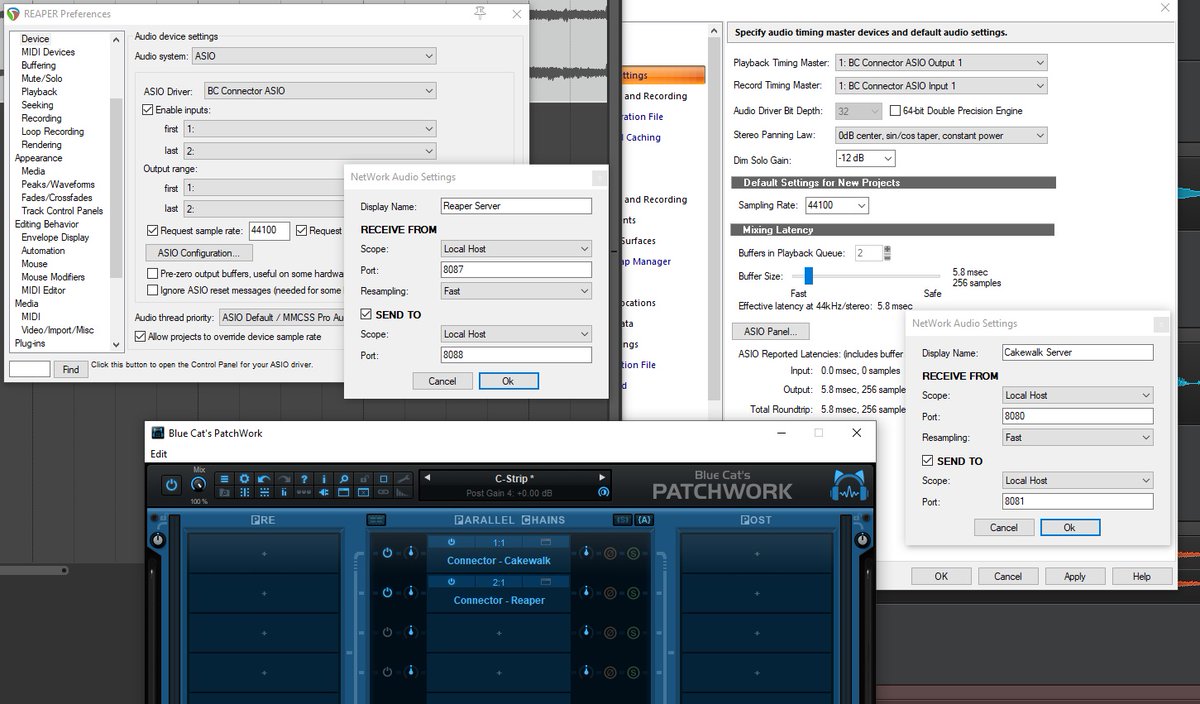 bluecataudio's tweet photo. Blue Cat's Connector 1.1 ASIO Driver in action: connecting PatchWork, Cakewalk and Reaper apps together! #bluecataudio #reaperdaw #cakewalkbybandlab #asiodriver https://t.co/TCxHuooEhX