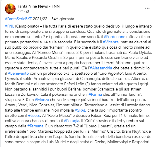 fanta9news's tweet photo. I risultati della 34^ giornata del #fantacalcio di #Fantanine: #FNL (Campionato), #FNA, #FNGp, #FNBR.
… tic tac… tic tac… tic tac…
#FantaSerieBKT https://t.co/K7pb1NQ0l8