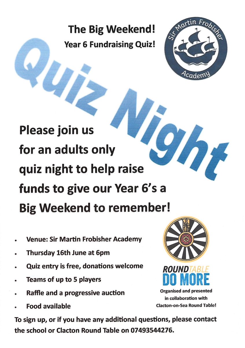 ClactonRT387's tweet photo. We are working with @FrobisherPri to help raise funds to send their Year 6 students on their #BigWeekend!! 
If you’d like to come along and support our quiz night to help them get to their trip, we would love to see you there! #DoMore https://t.co/qC9h8mMP4f