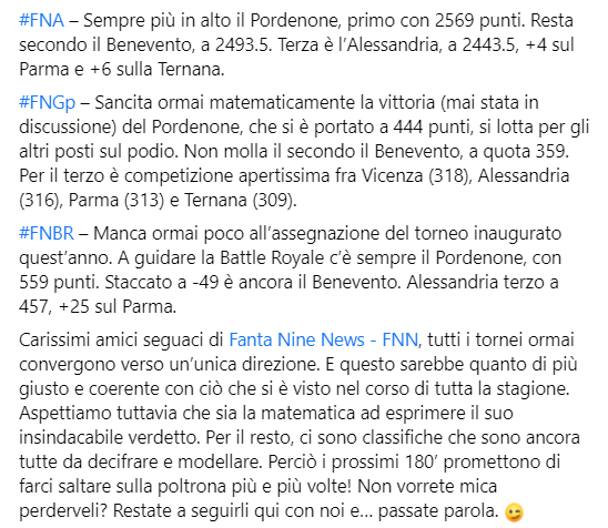 fanta9news's tweet photo. I risultati della 34^ giornata del #fantacalcio di #Fantanine: #FNL (Campionato), #FNA, #FNGp, #FNBR.
… tic tac… tic tac… tic tac…
#FantaSerieBKT https://t.co/K7pb1NQ0l8