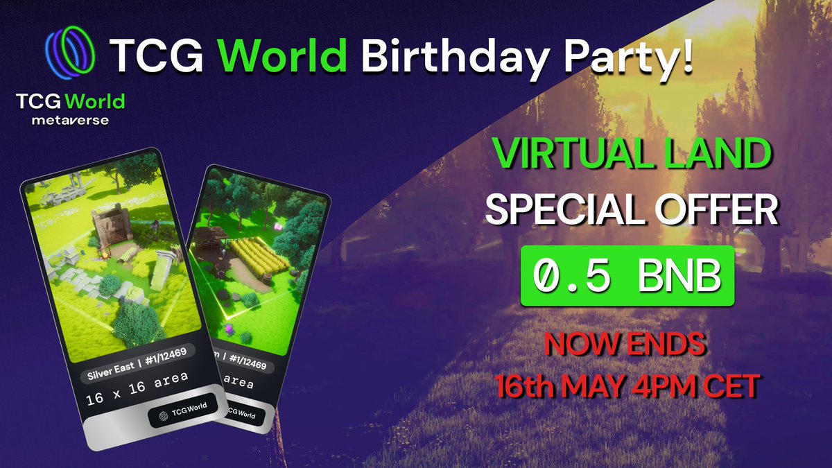 The #TCGCommunity have spoken! Over 100 RT in under an hour. You guys rock! 🎂🎂

Our #TCGBirthday special offer for #virtualland at 0.5 #BNB will extend for another 5 days! 🥳

ENDS ➡️16th May, 4PM CET.
tcg.world/marketplace
#metaverse #NFTGiveway #NFTGame #Play2Earn #tcgnews