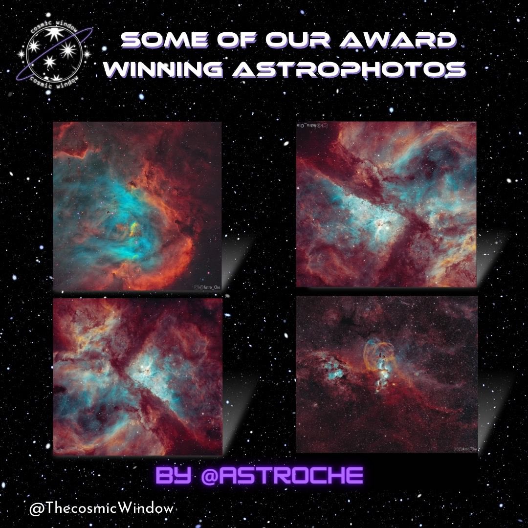 NFTCosmicWindow's tweet photo. 🚀Life is better with art! 
Here are some of our favorite Astro shots used in the project, taken by Astro_che. 

🌌All three of those images were taken using the same telescope, and the elements were mapped to the colour channels in the same way.
#NFT  #Metaverse #AstroWorld https://t.co/MoKUVhsmQf