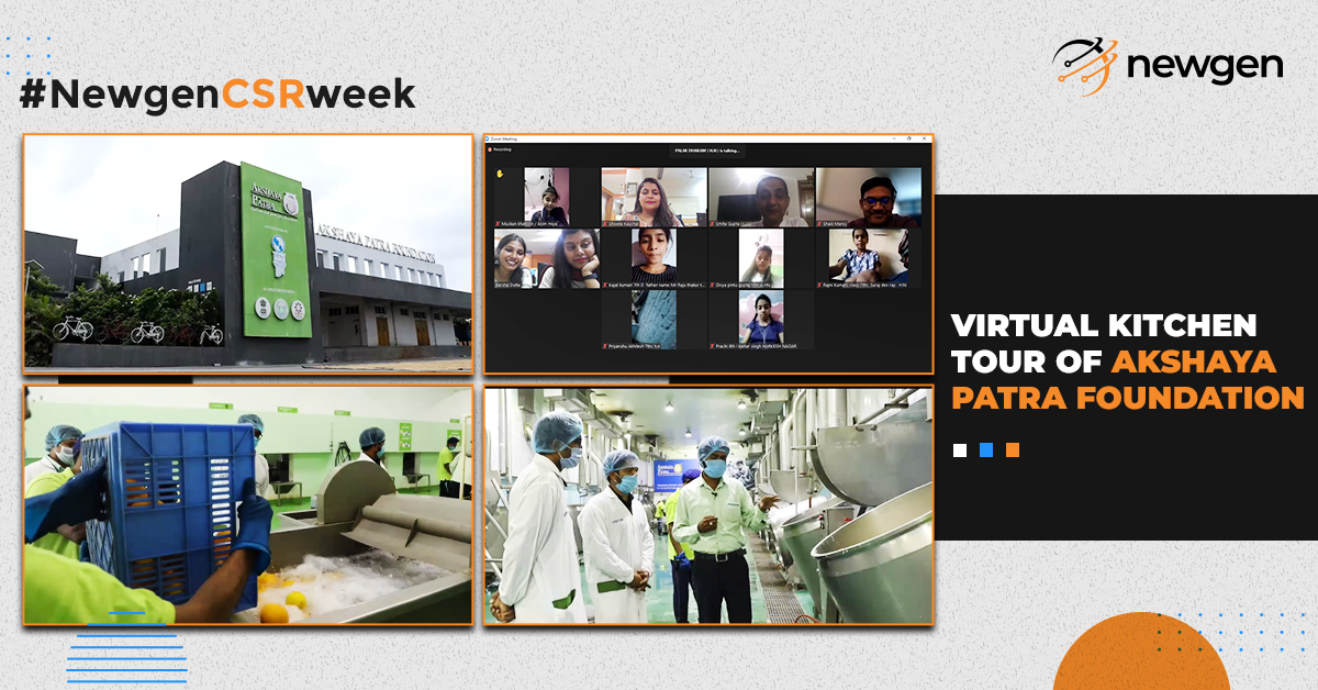 newgensoftware's tweet photo. Newgen #CSRweek concluded with a virtual tour of the @AkshayaPatra Kitchen, our implementation partner for the mid-day meal program. Our CSR team, volunteers, and students got a peek into how the food is prepared and transported before reaching the plates of our beneficiaries. https://t.co/SNGNeQ3wyU