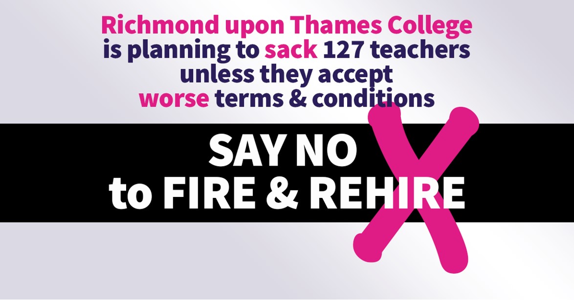 ❗️URGENT❗️

Richmond upon Thames College are moving ahead with plans to FIRE &amp; REHIRE 127 teachers

The college want staff to accept contracts with 10 days less leave

Tell management to withdraw their disgusting attacks - or staff will strike on 23 May ✍️ucu.org.uk/RUTC-noFireand…