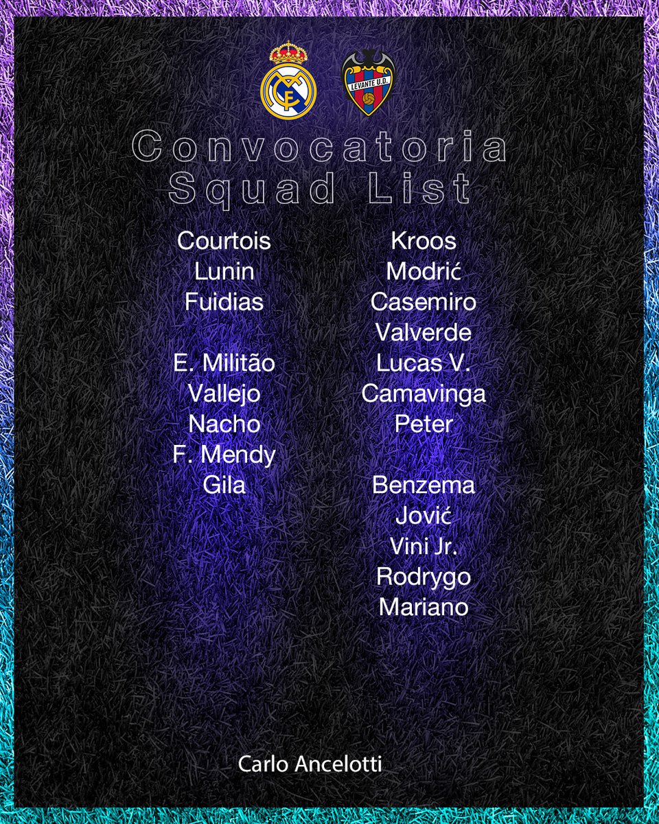 realmadrid's tweet photo. 📋✅ ¡Nuestros convocados para el partido 🆚 @LevanteUD!
#RealMadridLevante https://t.co/Em9GpCU6xf
