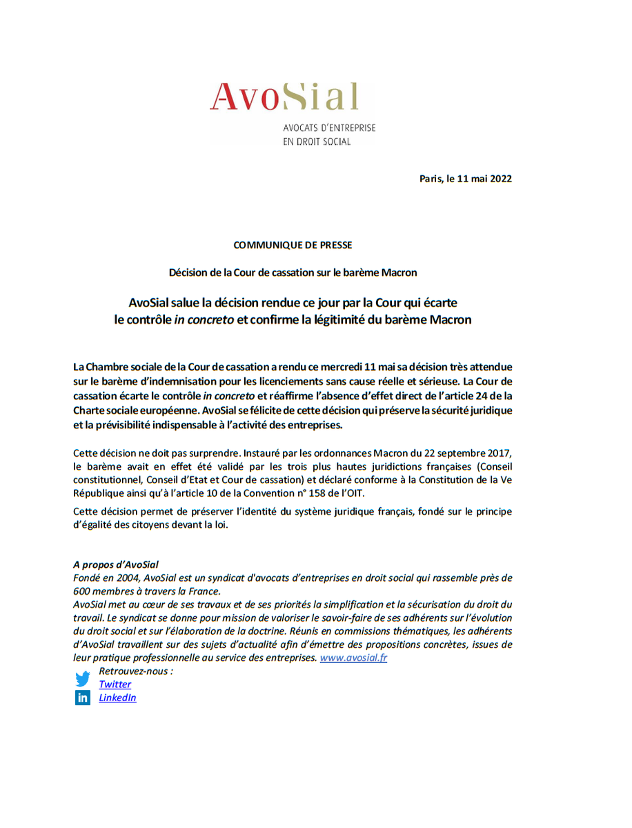 🔴Urgent🔴#BarèmeMacron : AvoSial salue la décision rendue ce 11/05 par la <a href="/courdecassation/">Cour de cassation</a> qui écarte le contrôle #inconcreto et confirme la légitimité du barème d’#indemnisation pour les #licenciements sans cause réelle et sérieuse.